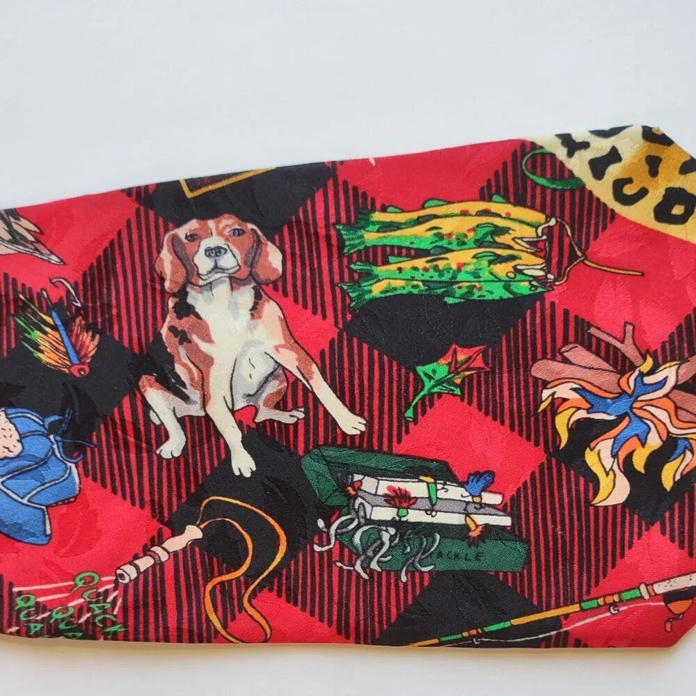 Vintage Nicole Miller Silk Neck Tie Hunting Camping Fishing Beagle Dog